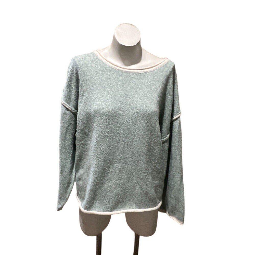 Womens Sweater Size M Sage Green Textured Knit Boat Neck Fringe Long